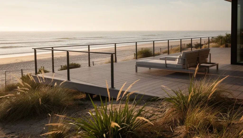 The image features a modern composite deck overlooking a coastal beach, with native grasses in the foreground, showcasing an inviting outdoor space perfect for relaxation. This aesthetically pleasing deck, made from high-quality composite materials, emphasizes minimal maintenance and exceptional durability, ideal for the coastal climate of Kapiti.