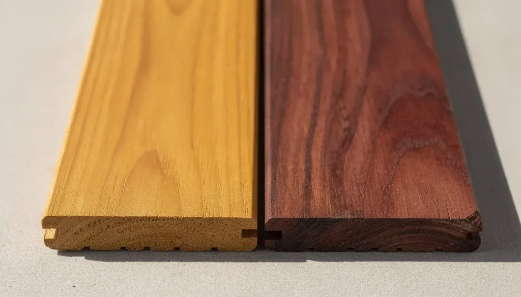 A close-up photograph showcases two hardwood deck board samples side by side, featuring a golden honey-colored timber and a rich reddish-brown timber, highlighting the natural beauty and aesthetic appeal of premium decking materials. This comparison illustrates the diverse options available for outdoor timber projects in New Zealand's climate, emphasizing both durability and style.